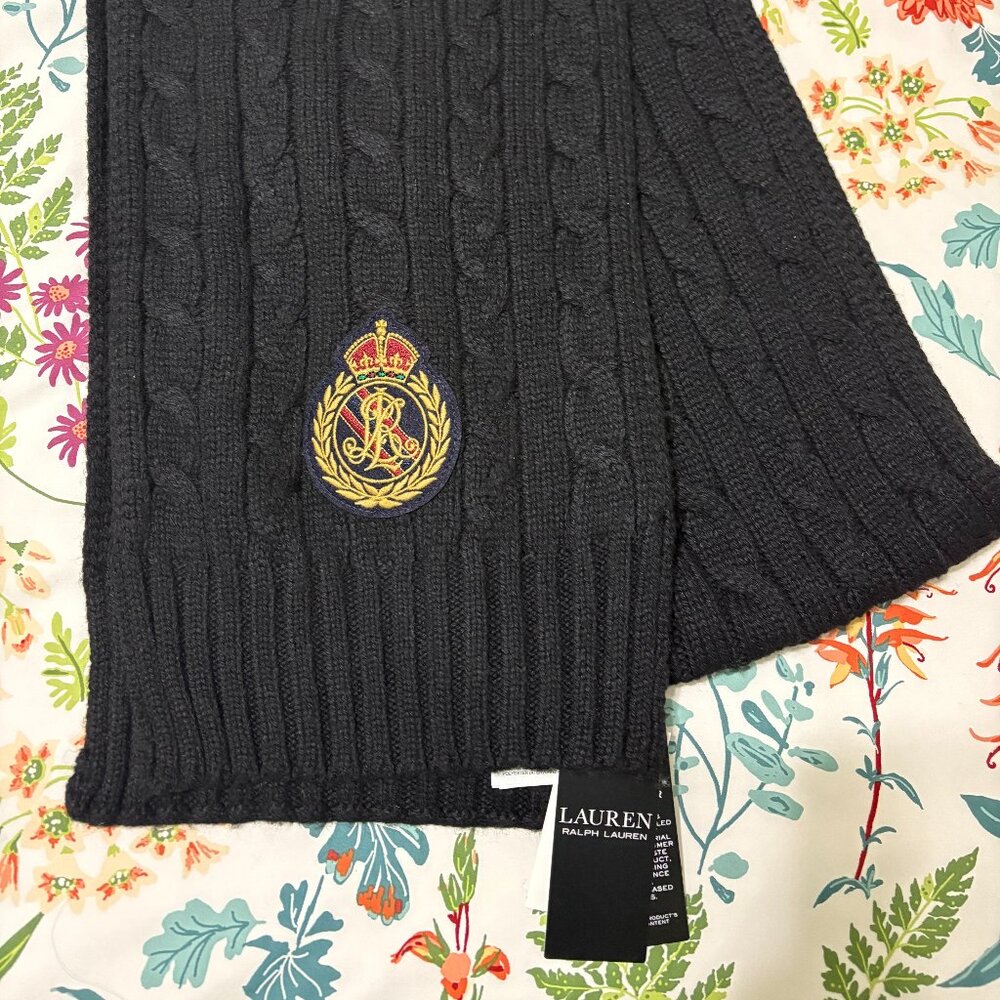 Ralph Lauren Black Crest-Patch Cable-Knit Scarf w/ gift box - NWT